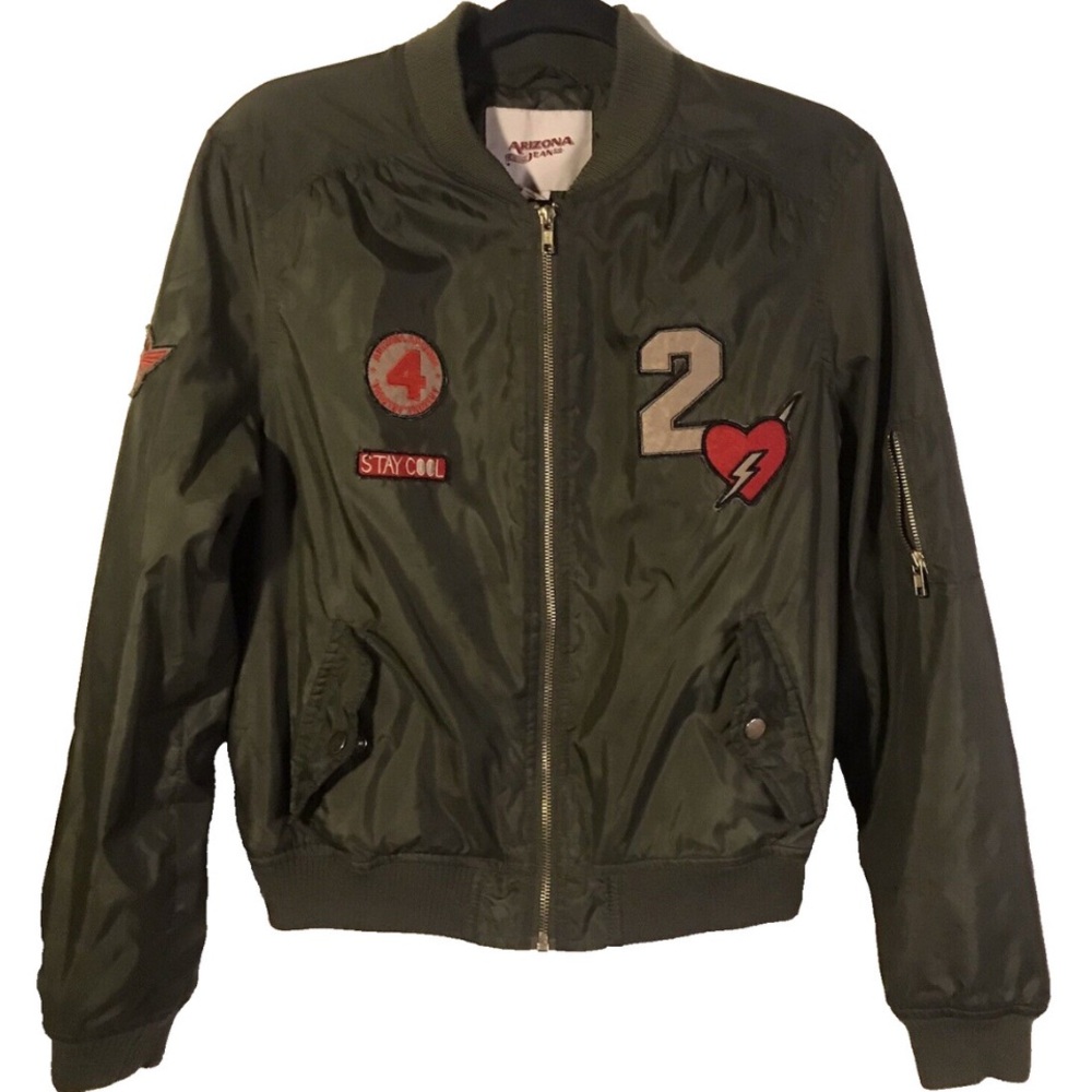 Arizona Jean Co Bomber Jacket M Green Patches Moto Utility Sporty Varsity